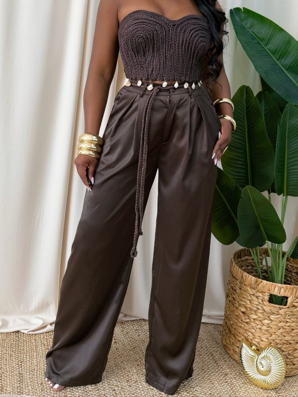 High-Rise Wide Leg Satin Pant Set- Dark Brown